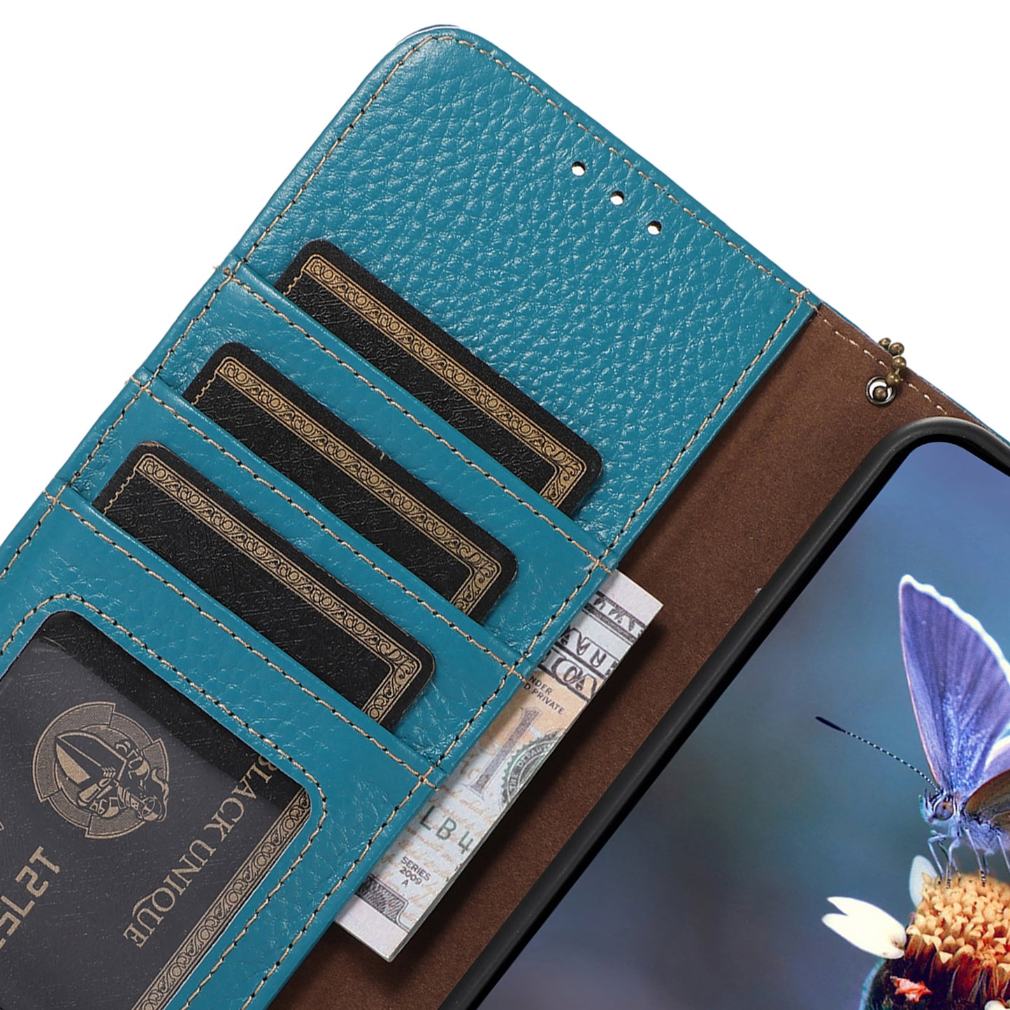 For Samsung Galaxy A06 Case RFID Blocking Litchi Texture Genuine Cow Leather Phone Cover - Blue