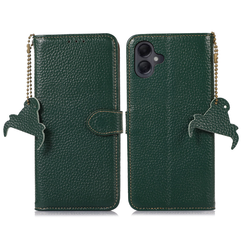 For Samsung Galaxy A06 Case RFID Blocking Litchi Texture Genuine Cow Leather Phone Cover - Green