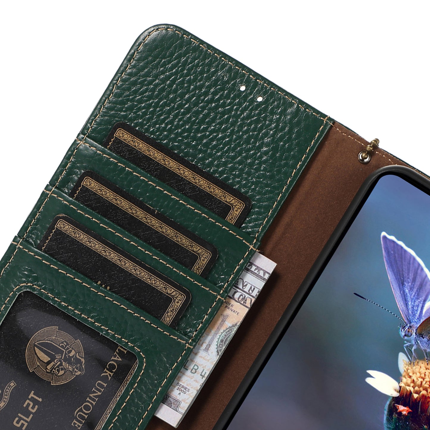 For Samsung Galaxy A06 Case RFID Blocking Litchi Texture Genuine Cow Leather Phone Cover - Green