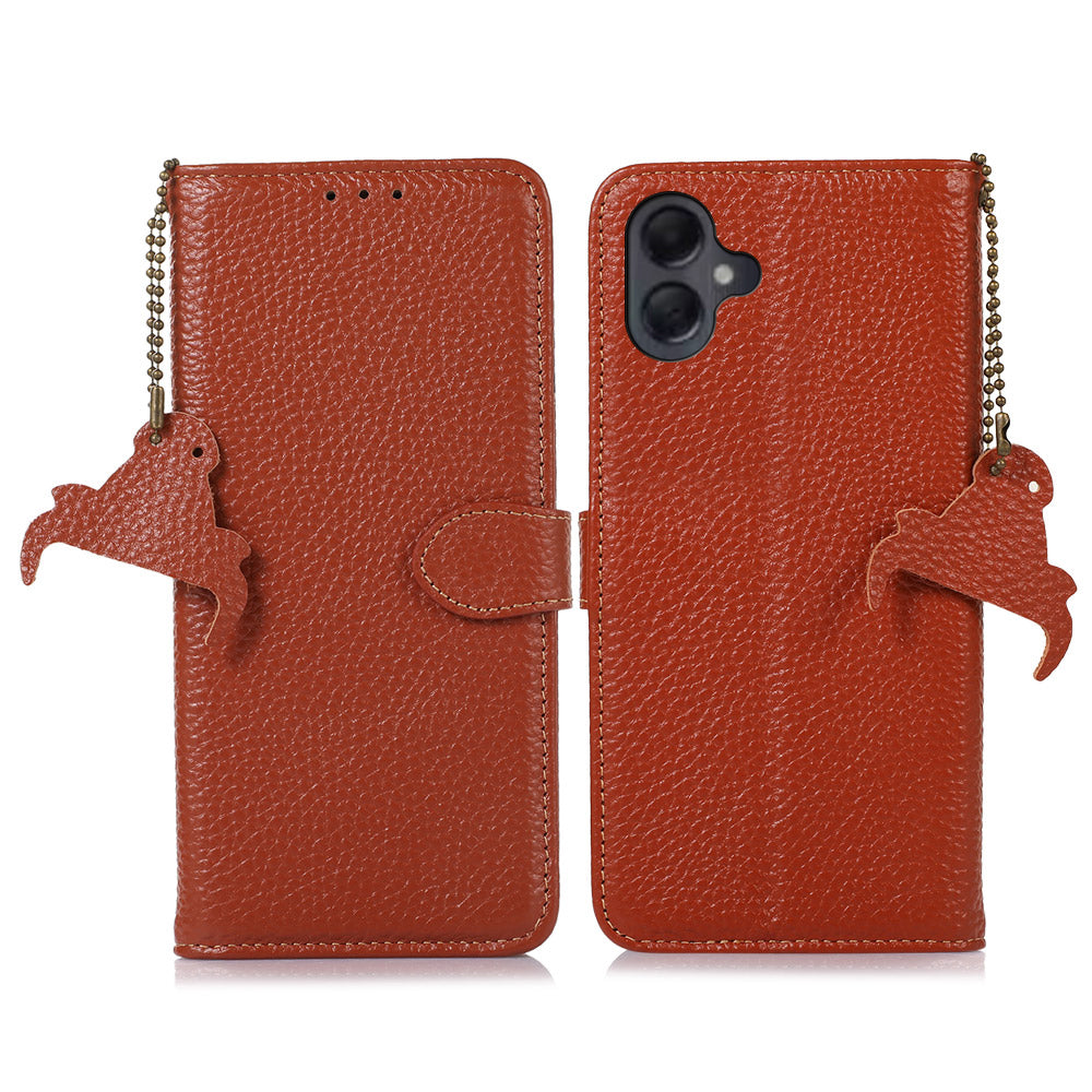 For Samsung Galaxy A06 Case RFID Blocking Litchi Texture Genuine Cow Leather Phone Cover  - Brown