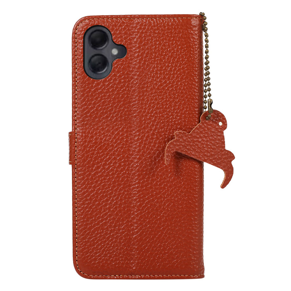 For Samsung Galaxy A06 Case RFID Blocking Litchi Texture Genuine Cow Leather Phone Cover  - Brown