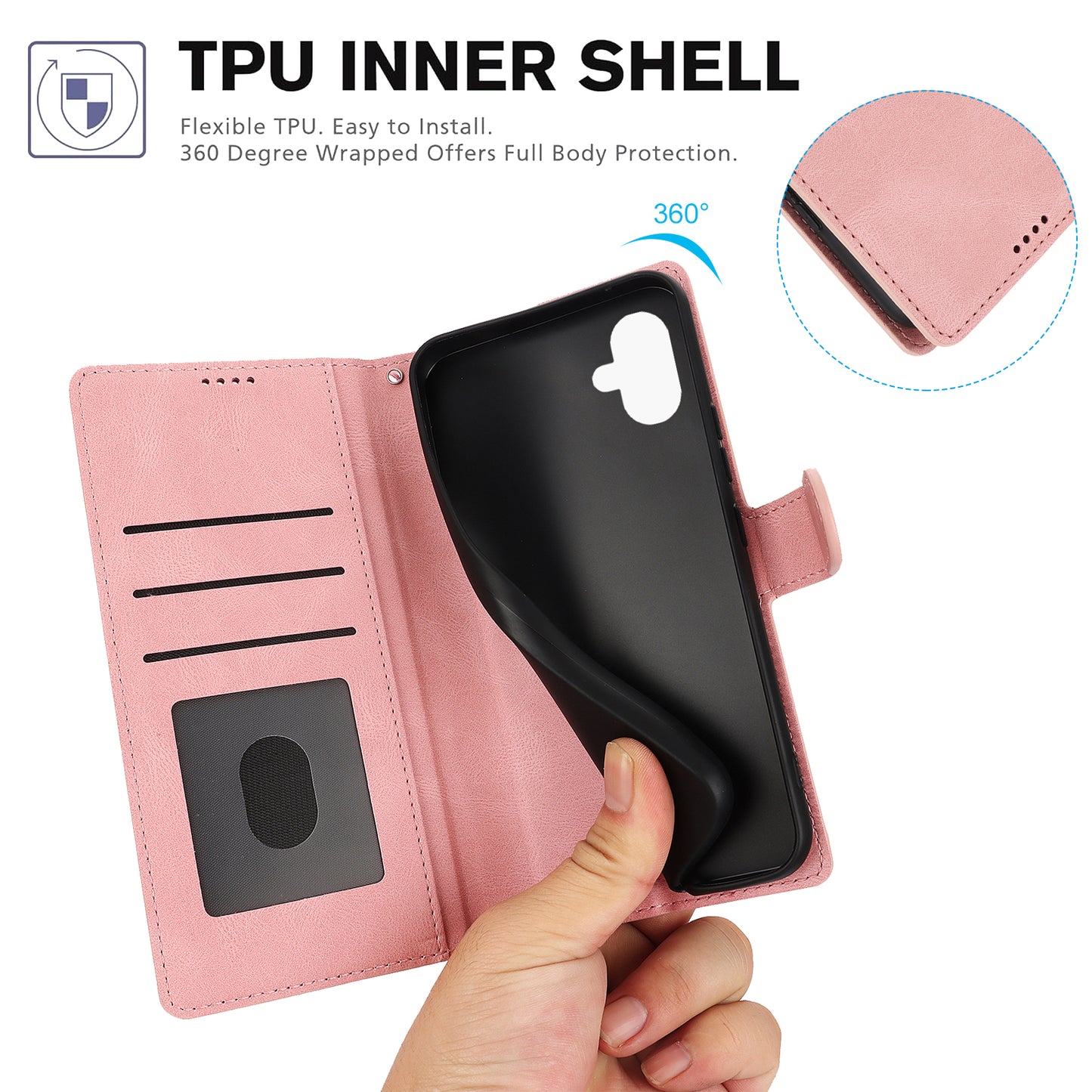 For Samsung Galaxy A06 Case PU Leather Phone Cover with Wallet Stand View - Pink