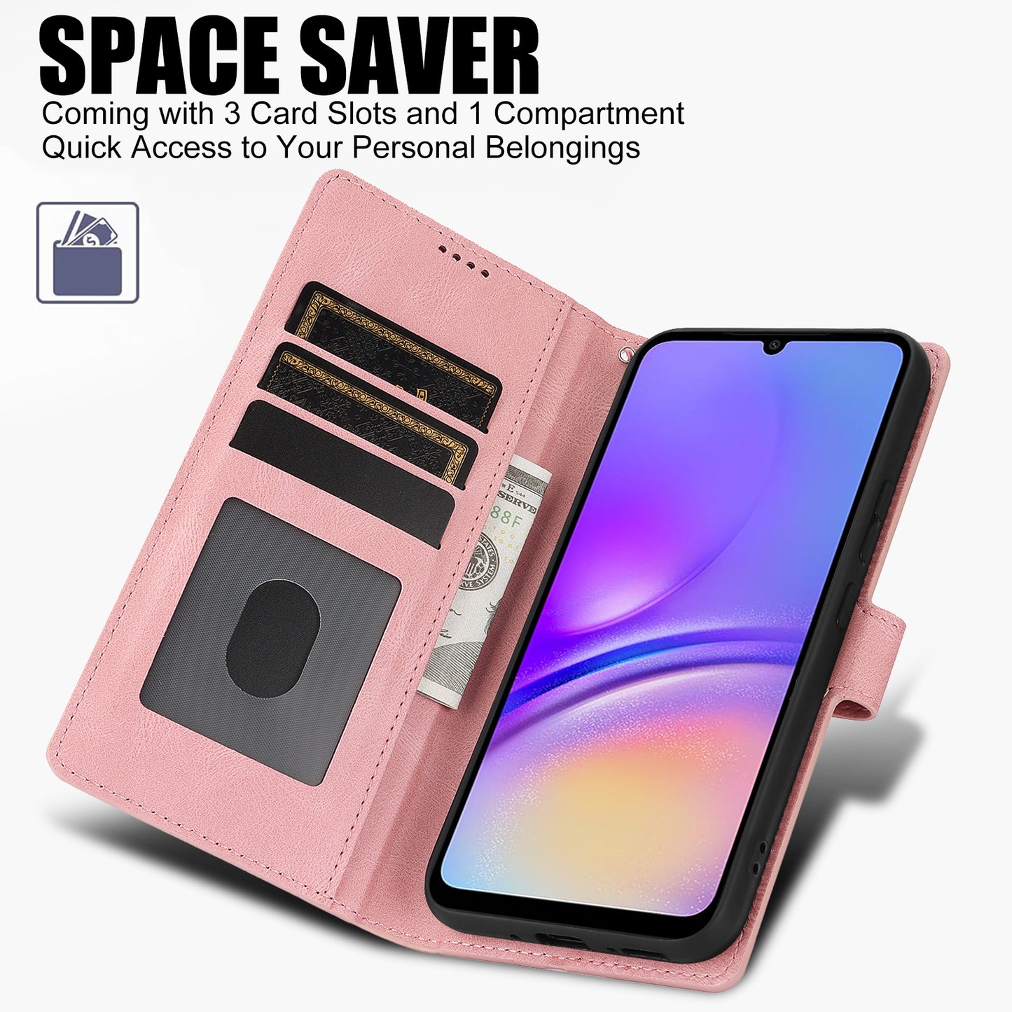 For Samsung Galaxy A06 Case PU Leather Phone Cover with Wallet Stand View - Pink