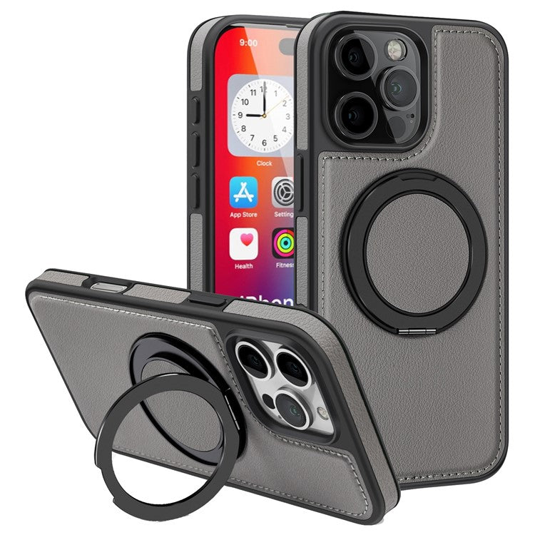 For iPhone 16 Pro Magnetic Case Rotate Ring Kickstand PU Leather+PC+TPU Back Cover - Grey