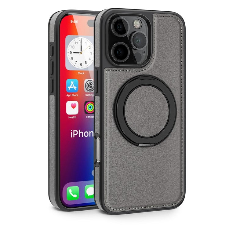 For iPhone 16 Pro Magnetic Case Rotate Ring Kickstand PU Leather+PC+TPU Back Cover - Grey