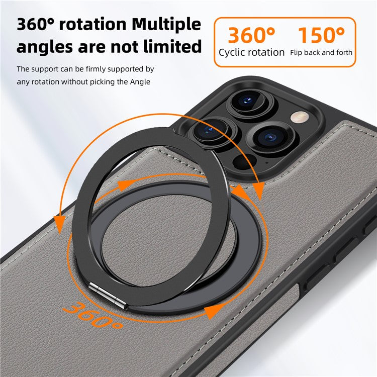 For iPhone 16 Pro Magnetic Case Rotate Ring Kickstand PU Leather+PC+TPU Back Cover - Grey