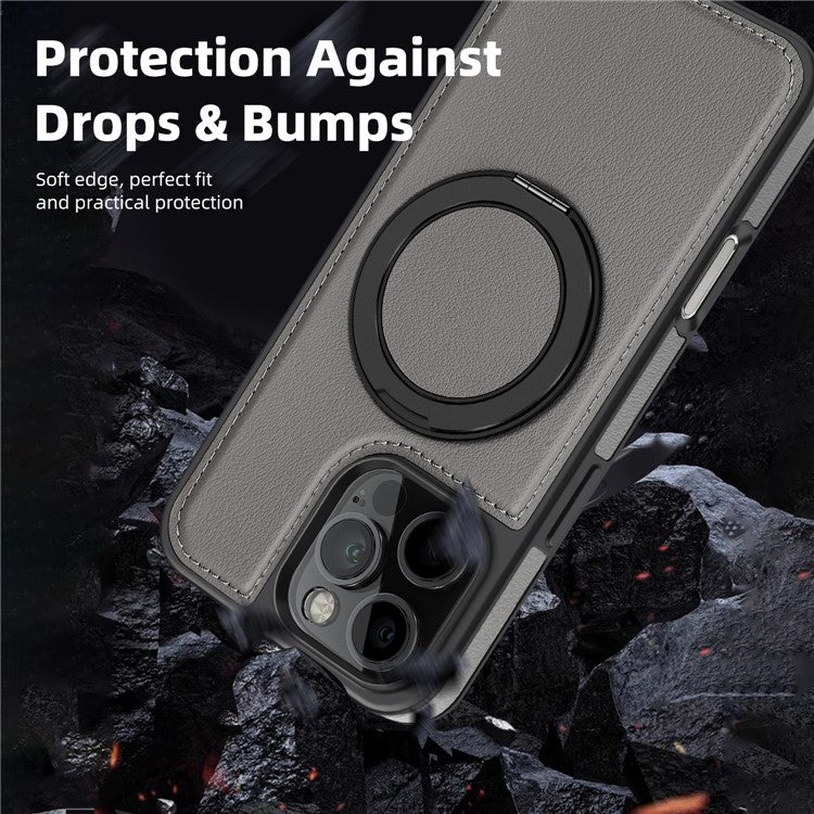 For iPhone 16 Pro Magnetic Case Rotate Ring Kickstand PU Leather+PC+TPU Back Cover - Grey