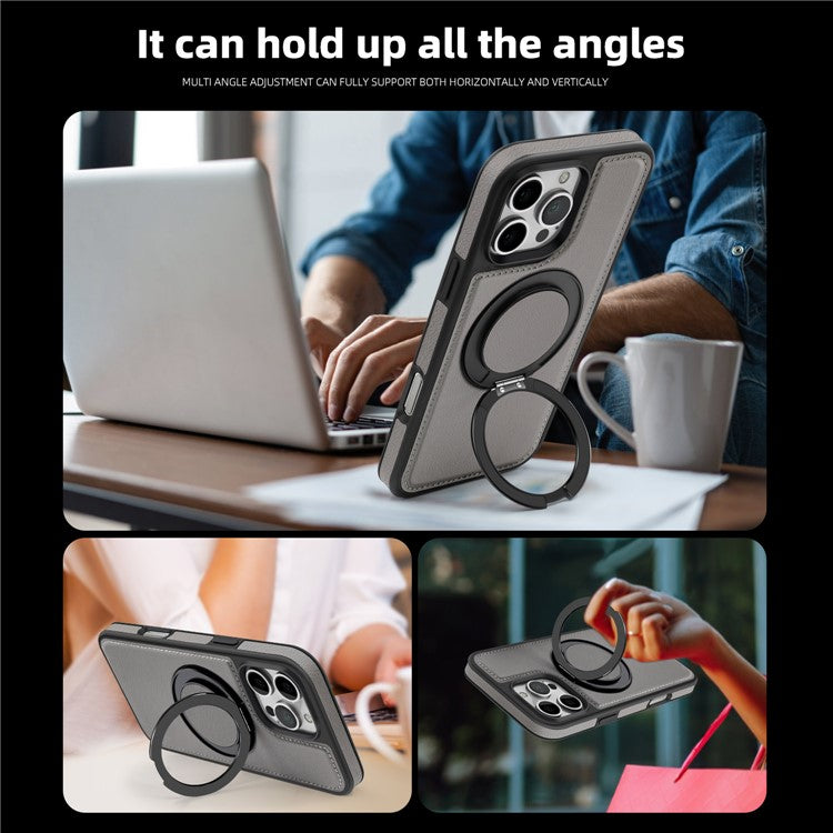 For iPhone 16 Pro Magnetic Case Rotate Ring Kickstand PU Leather+PC+TPU Back Cover - Grey