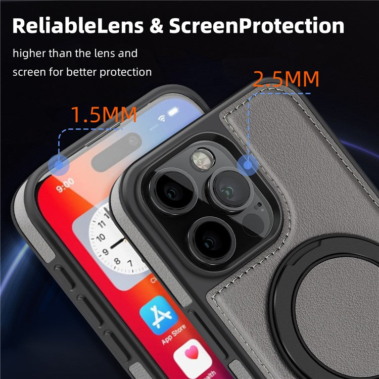 For iPhone 16 Pro Magnetic Case Rotate Ring Kickstand PU Leather+PC+TPU Back Cover - Grey