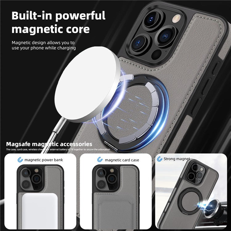 For iPhone 16 Pro Magnetic Case Rotate Ring Kickstand PU Leather+PC+TPU Back Cover - Grey
