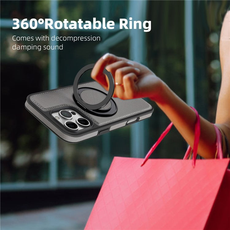 For iPhone 16 Pro Magnetic Case Rotate Ring Kickstand PU Leather+PC+TPU Back Cover - Grey