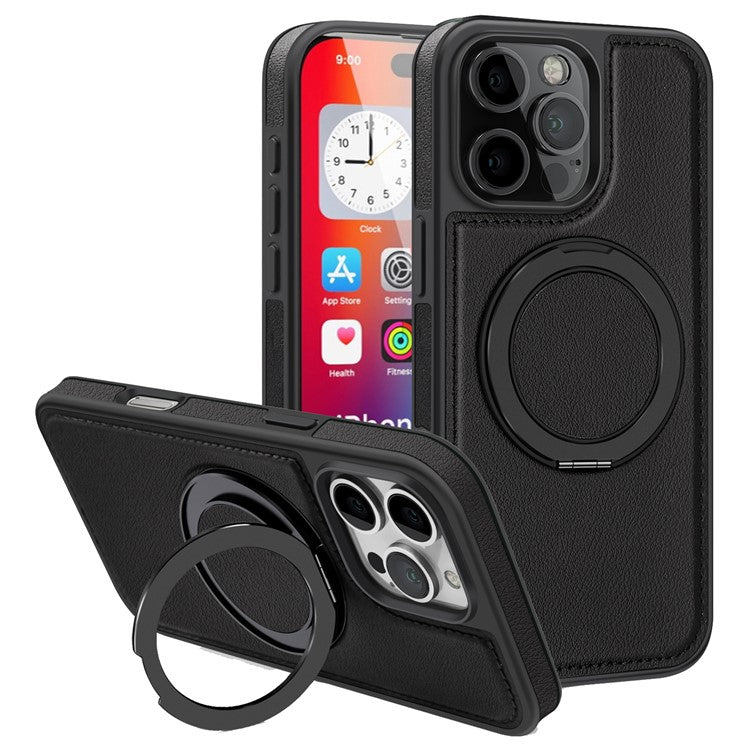 For iPhone 16 Pro Magnetic Case Rotate Ring Kickstand PU Leather+PC+TPU Back Cover - Black