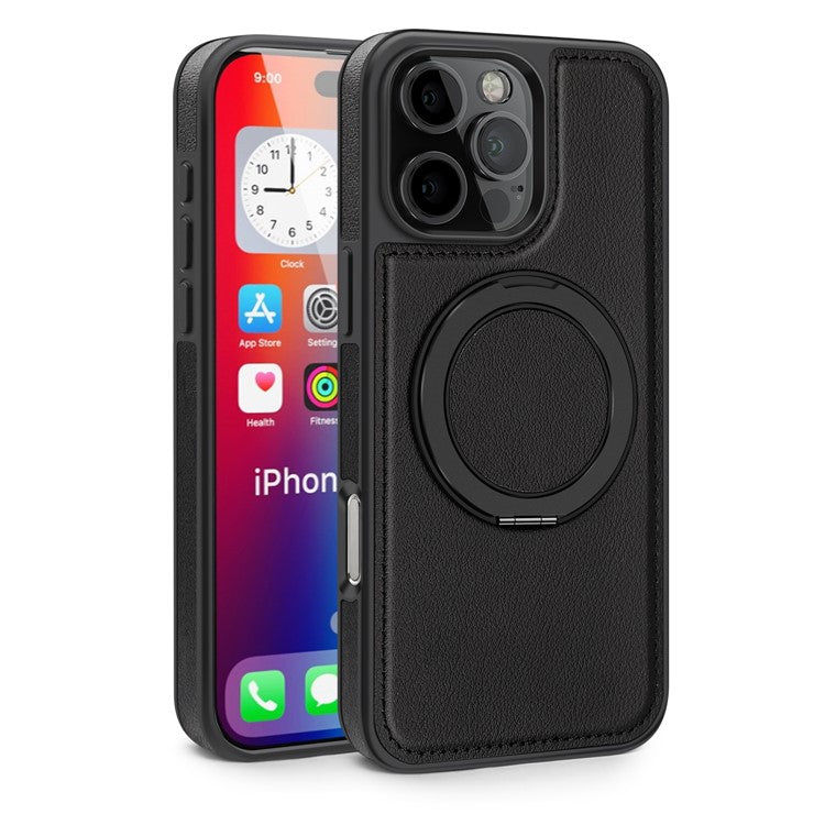 For iPhone 16 Pro Magnetic Case Rotate Ring Kickstand PU Leather+PC+TPU Back Cover - Black