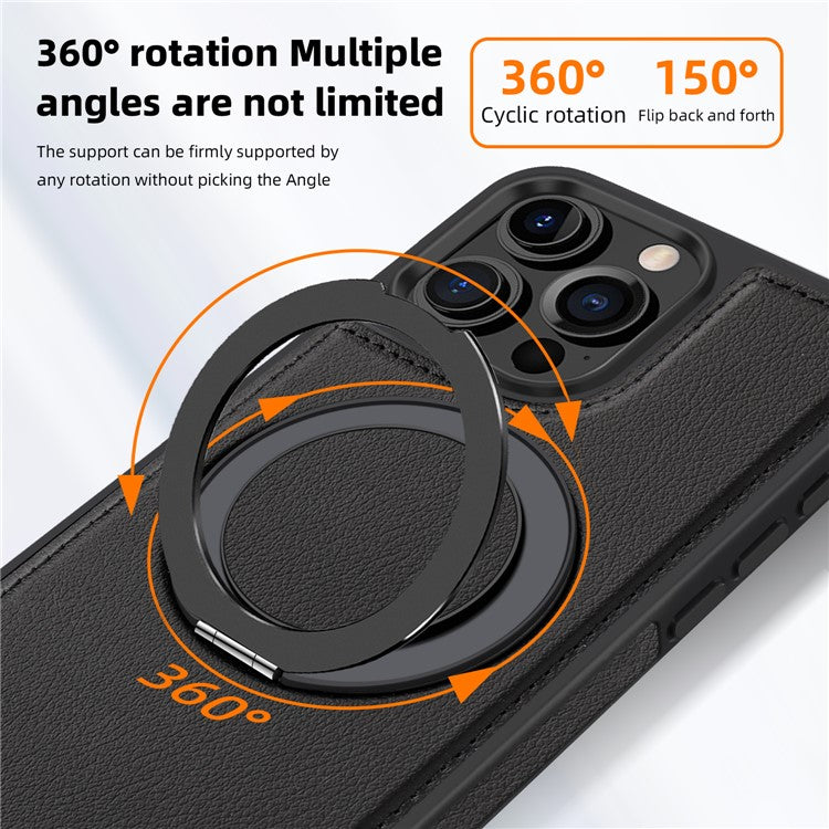 For iPhone 16 Pro Magnetic Case Rotate Ring Kickstand PU Leather+PC+TPU Back Cover - Black