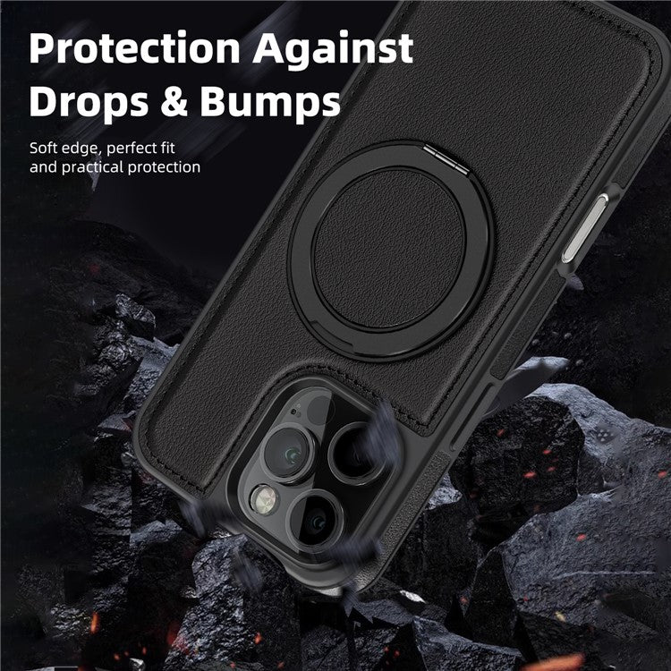 For iPhone 16 Pro Magnetic Case Rotate Ring Kickstand PU Leather+PC+TPU Back Cover - Black