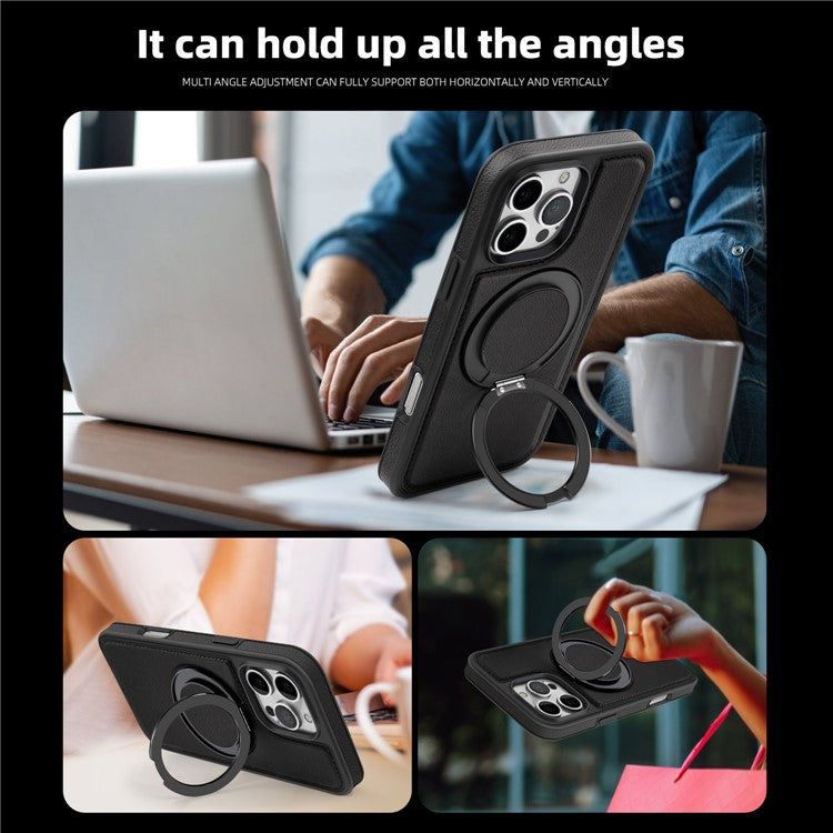 For iPhone 16 Pro Magnetic Case Rotate Ring Kickstand PU Leather+PC+TPU Back Cover - Black