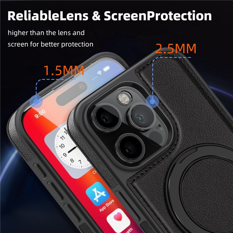 For iPhone 16 Pro Magnetic Case Rotate Ring Kickstand PU Leather+PC+TPU Back Cover - Black