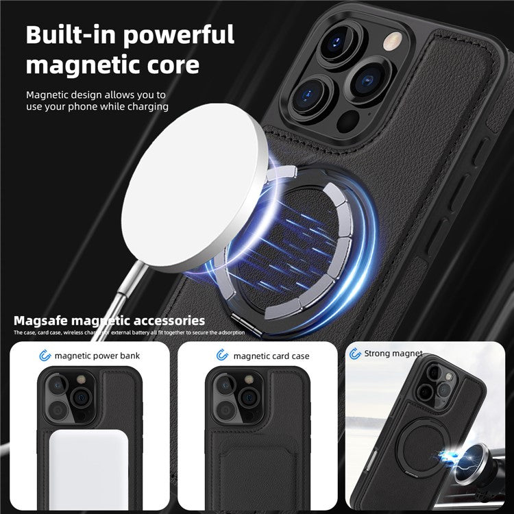 For iPhone 16 Pro Magnetic Case Rotate Ring Kickstand PU Leather+PC+TPU Back Cover - Black