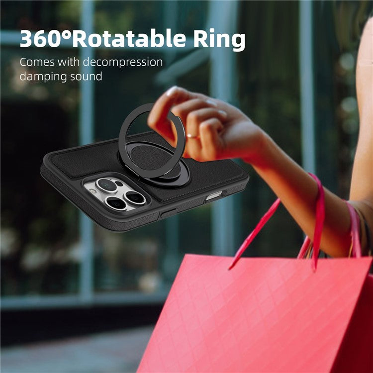 For iPhone 16 Pro Magnetic Case Rotate Ring Kickstand PU Leather+PC+TPU Back Cover - Black