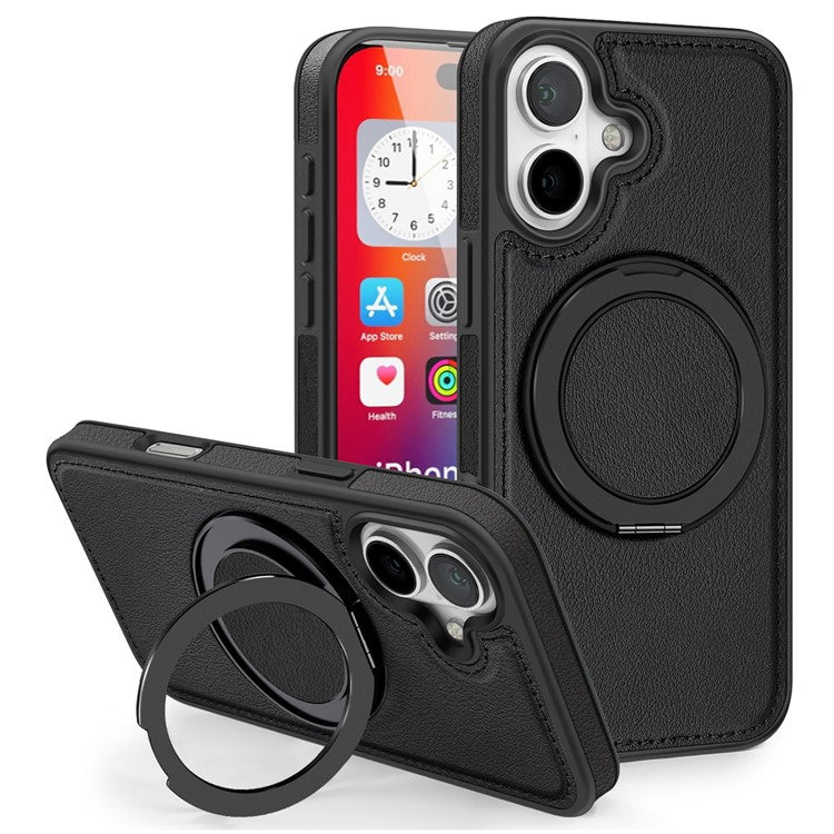 For iPhone 16 Magnetic Case Rotate Ring Kickstand PU Leather+PC+TPU Back Cover - Black