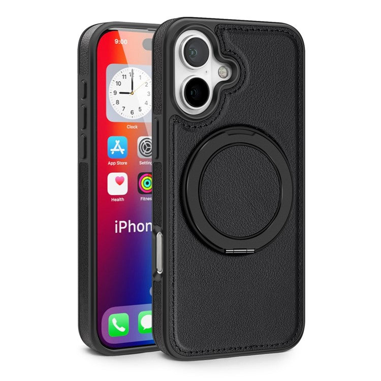 For iPhone 16 Magnetic Case Rotate Ring Kickstand PU Leather+PC+TPU Back Cover - Black