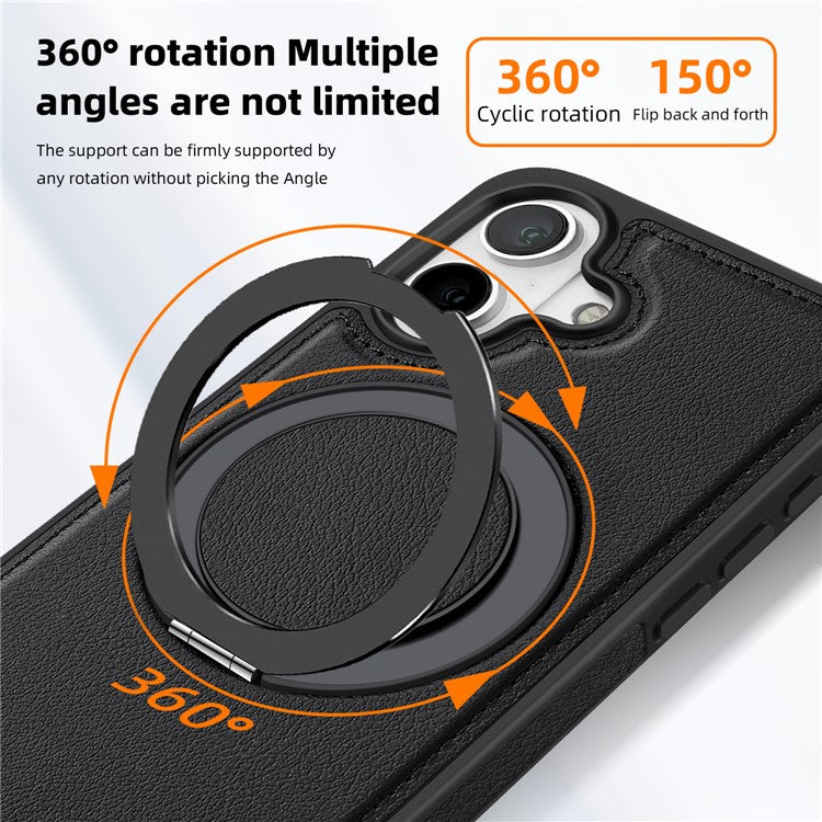 For iPhone 16 Magnetic Case Rotate Ring Kickstand PU Leather+PC+TPU Back Cover - Black