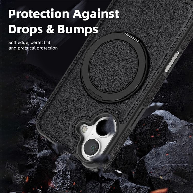 For iPhone 16 Magnetic Case Rotate Ring Kickstand PU Leather+PC+TPU Back Cover - Black