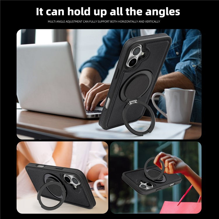For iPhone 16 Magnetic Case Rotate Ring Kickstand PU Leather+PC+TPU Back Cover - Black
