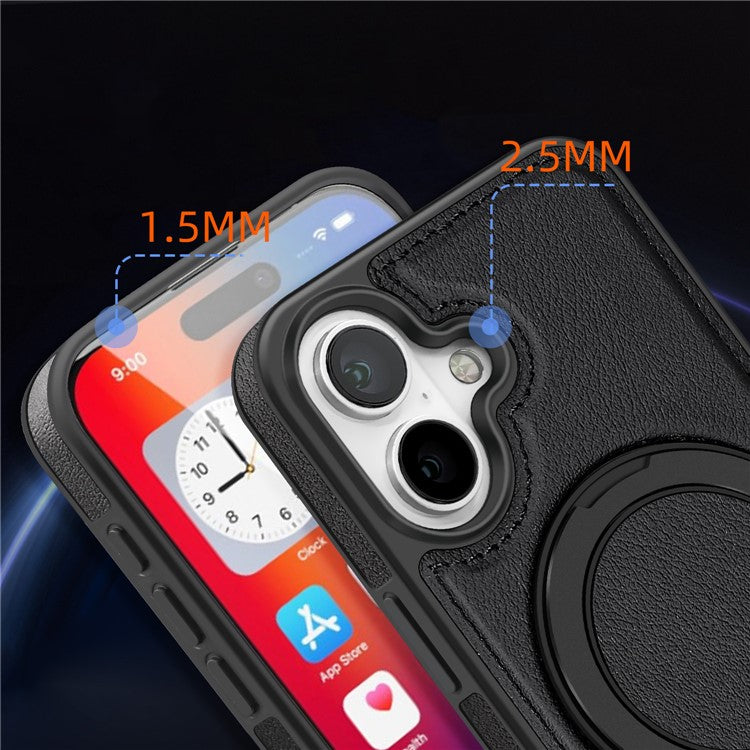For iPhone 16 Magnetic Case Rotate Ring Kickstand PU Leather+PC+TPU Back Cover - Black