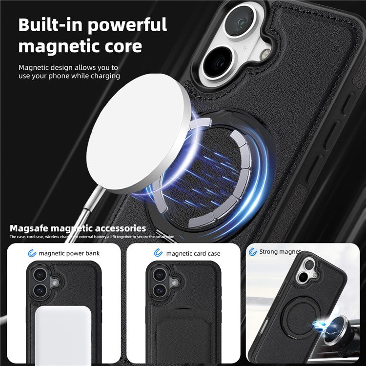For iPhone 16 Magnetic Case Rotate Ring Kickstand PU Leather+PC+TPU Back Cover - Black