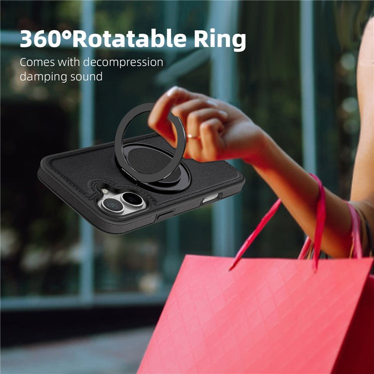 For iPhone 16 Magnetic Case Rotate Ring Kickstand PU Leather+PC+TPU Back Cover - Black