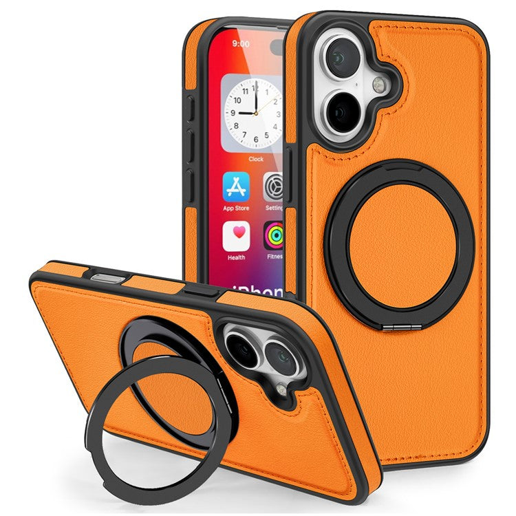 For iPhone 16 Magnetic Case Rotate Ring Kickstand PU Leather+PC+TPU Back Cover - Orange
