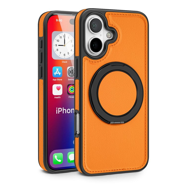 For iPhone 16 Magnetic Case Rotate Ring Kickstand PU Leather+PC+TPU Back Cover - Orange