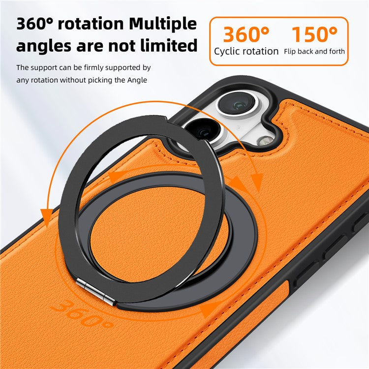 For iPhone 16 Magnetic Case Rotate Ring Kickstand PU Leather+PC+TPU Back Cover - Orange