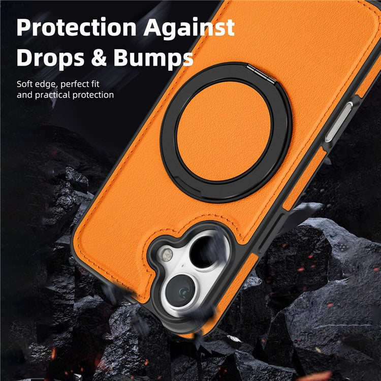 For iPhone 16 Magnetic Case Rotate Ring Kickstand PU Leather+PC+TPU Back Cover - Orange