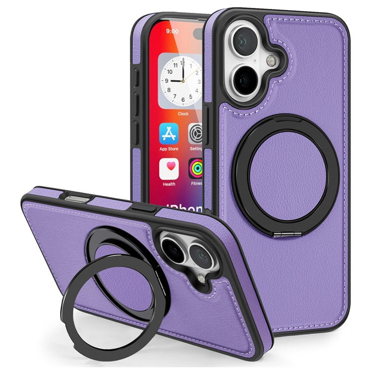 For iPhone 16 Magnetic Case Rotate Ring Kickstand PU Leather+PC+TPU Back Cover - Purple
