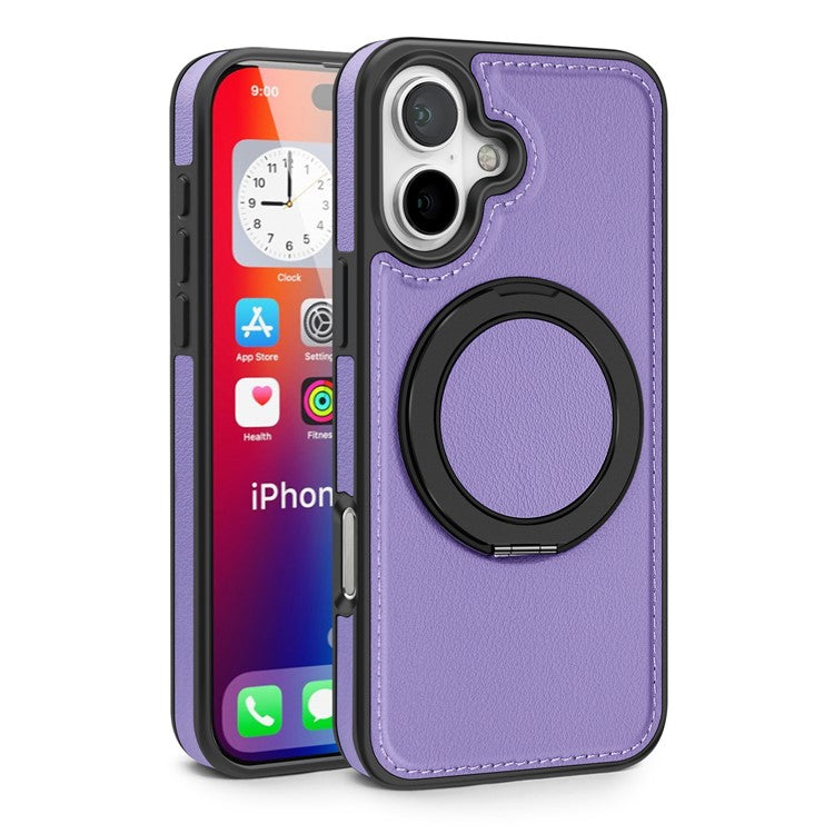 For iPhone 16 Magnetic Case Rotate Ring Kickstand PU Leather+PC+TPU Back Cover - Purple