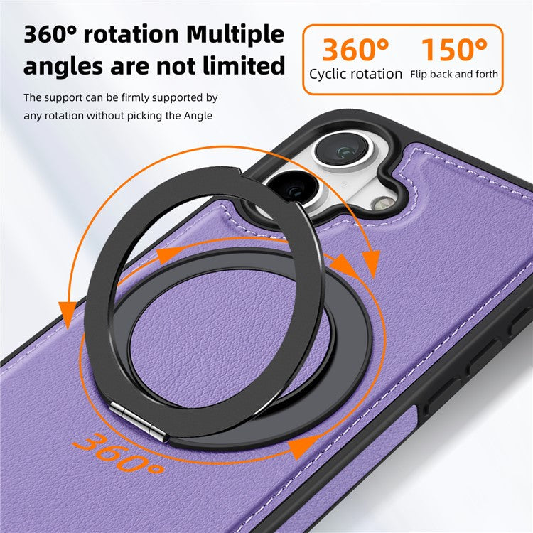 For iPhone 16 Magnetic Case Rotate Ring Kickstand PU Leather+PC+TPU Back Cover - Purple