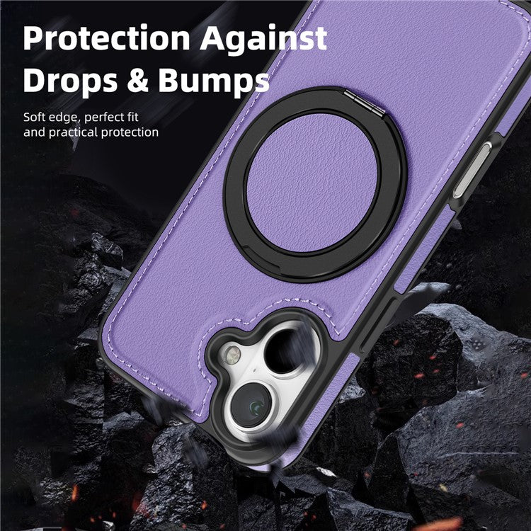 For iPhone 16 Magnetic Case Rotate Ring Kickstand PU Leather+PC+TPU Back Cover - Purple