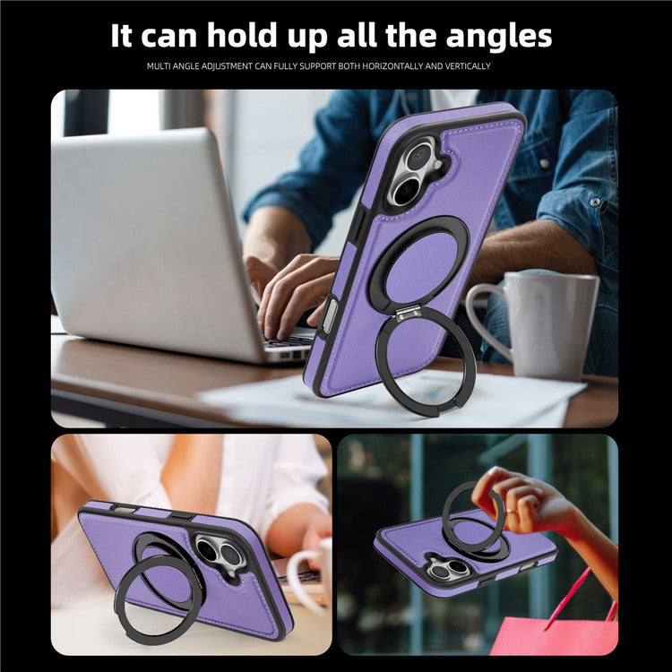 For iPhone 16 Magnetic Case Rotate Ring Kickstand PU Leather+PC+TPU Back Cover - Purple