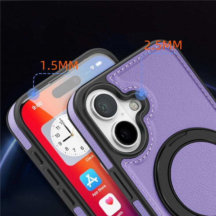 For iPhone 16 Magnetic Case Rotate Ring Kickstand PU Leather+PC+TPU Back Cover - Purple