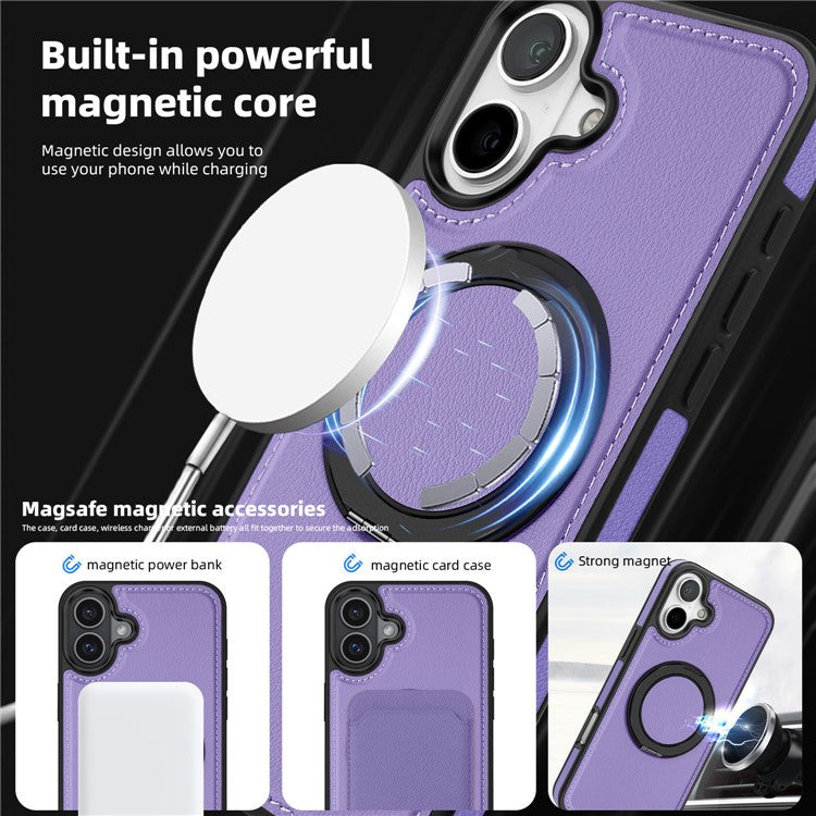 For iPhone 16 Magnetic Case Rotate Ring Kickstand PU Leather+PC+TPU Back Cover - Purple