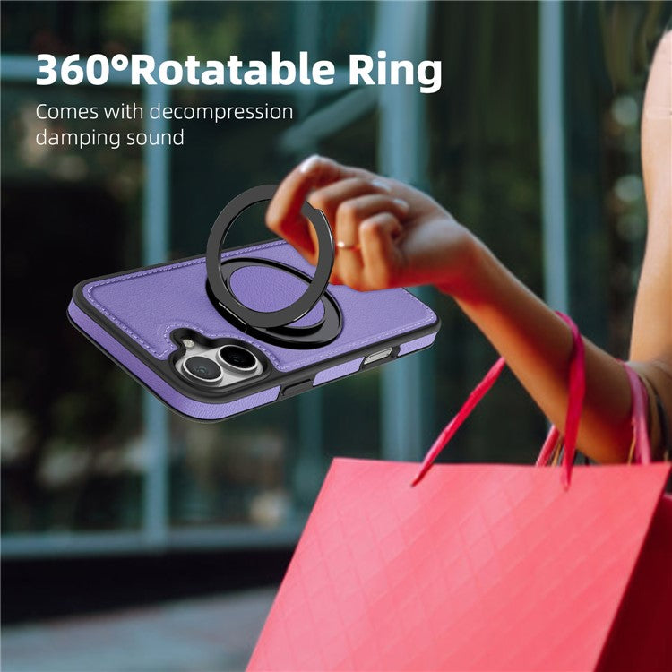For iPhone 16 Magnetic Case Rotate Ring Kickstand PU Leather+PC+TPU Back Cover - Purple