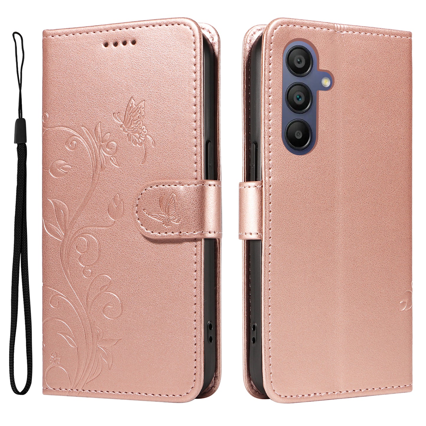 For Samsung Galaxy A16 5G / A16 4G Case Flower Pattern PU Leather Wallet Phone Cover - Rose Gold
