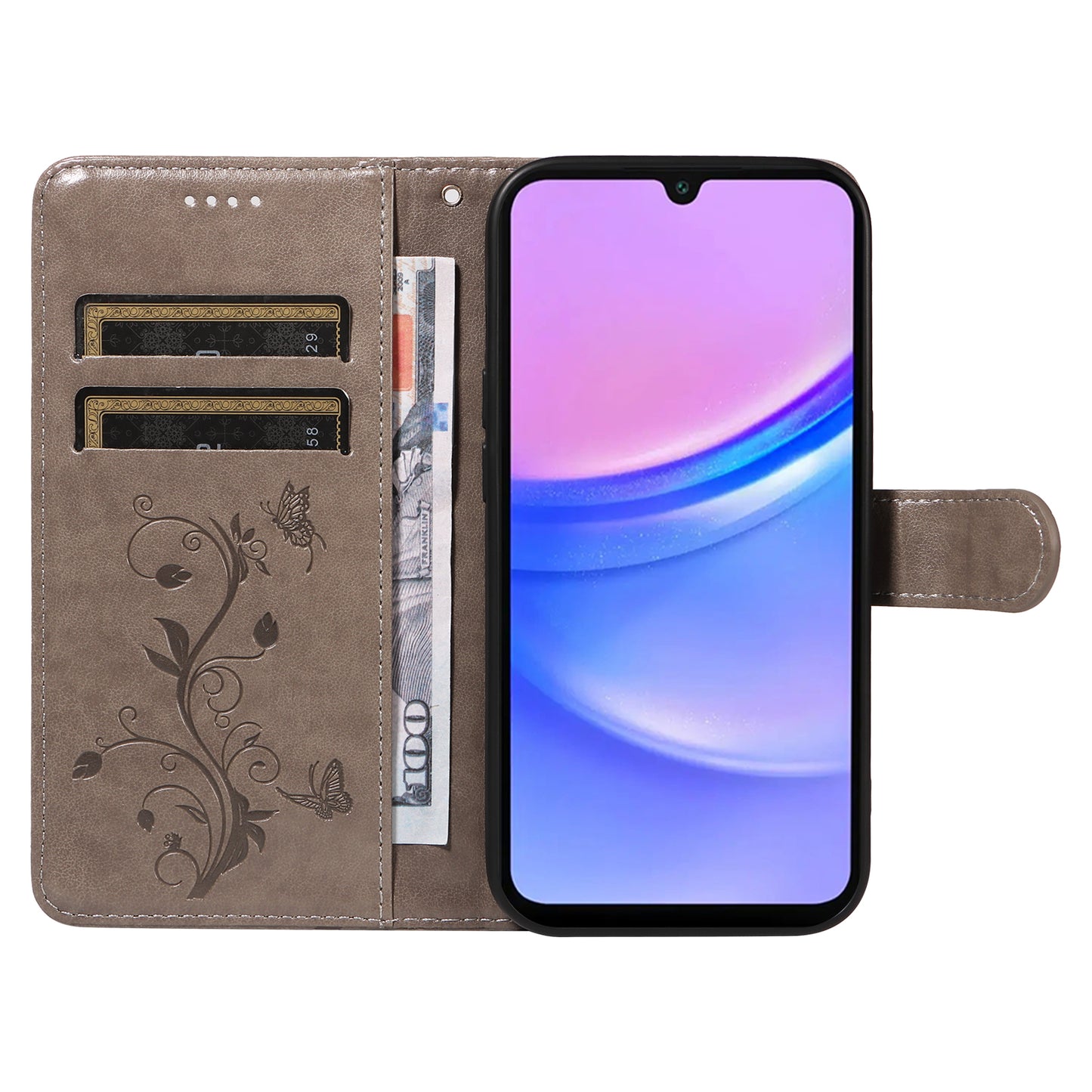 For Samsung Galaxy A16 5G / A16 4G Case Flower Pattern PU Leather Wallet Phone Cover - Grey