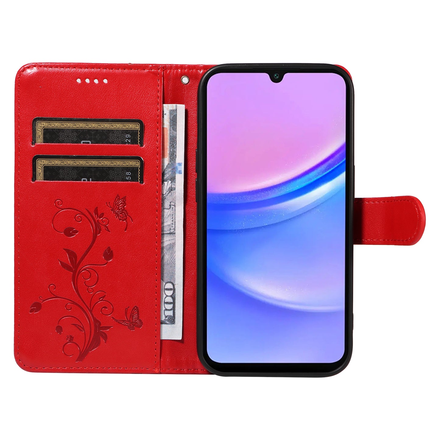 For Samsung Galaxy A16 5G / A16 4G Case Flower Pattern PU Leather Wallet Phone Cover - Red