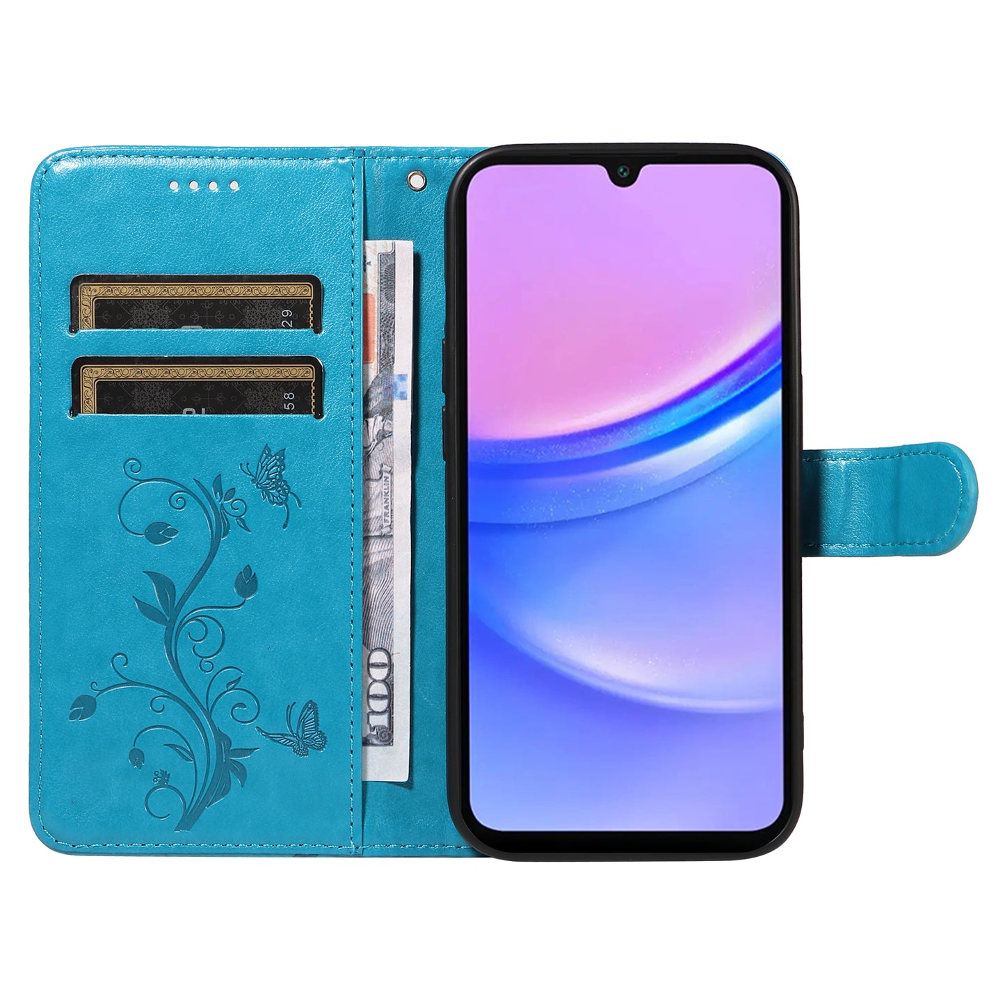 For Samsung Galaxy A16 5G / A16 4G Case Flower Pattern PU Leather Wallet Phone Cover - Blue