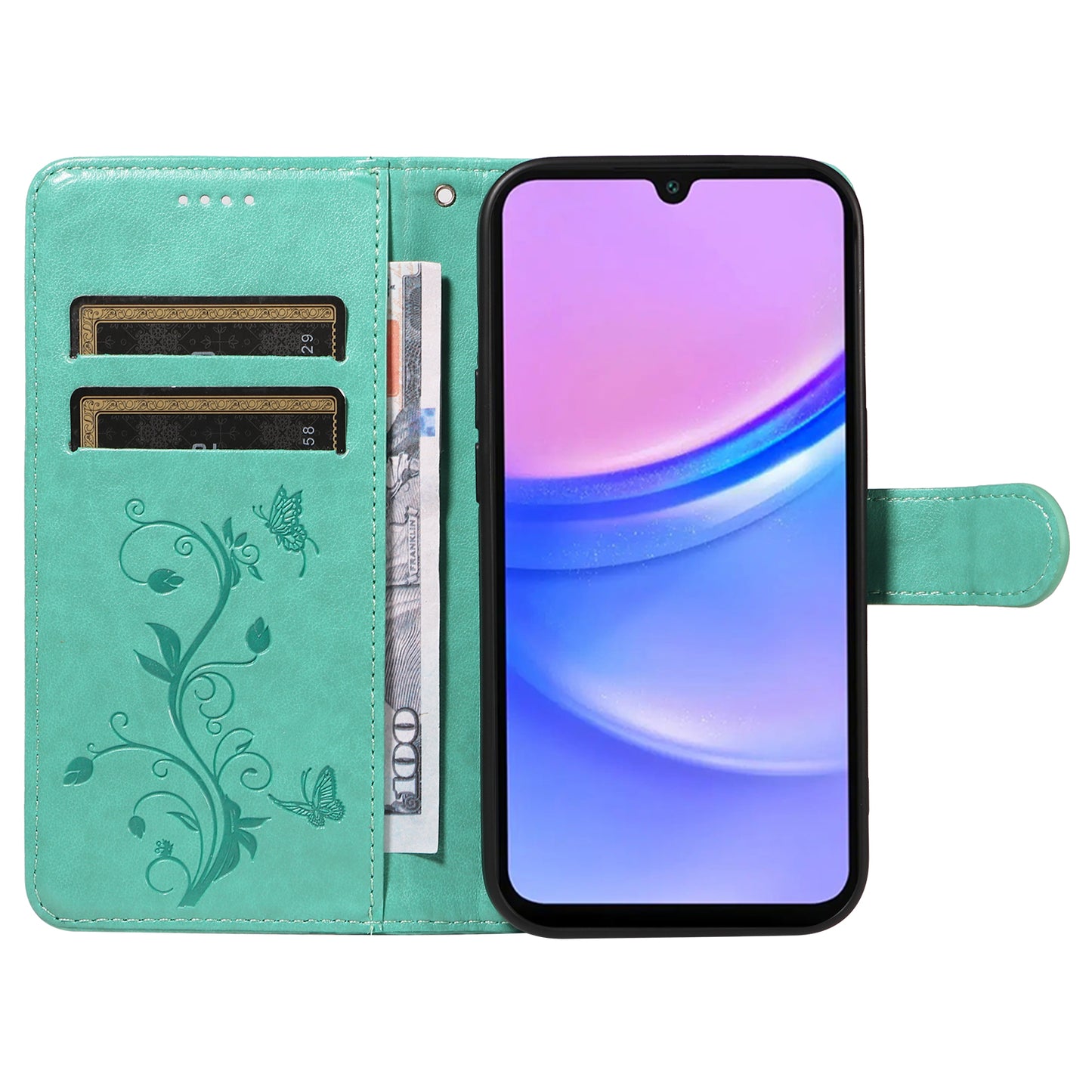 For Samsung Galaxy A16 5G / A16 4G Case Flower Pattern PU Leather Wallet Phone Cover - Green