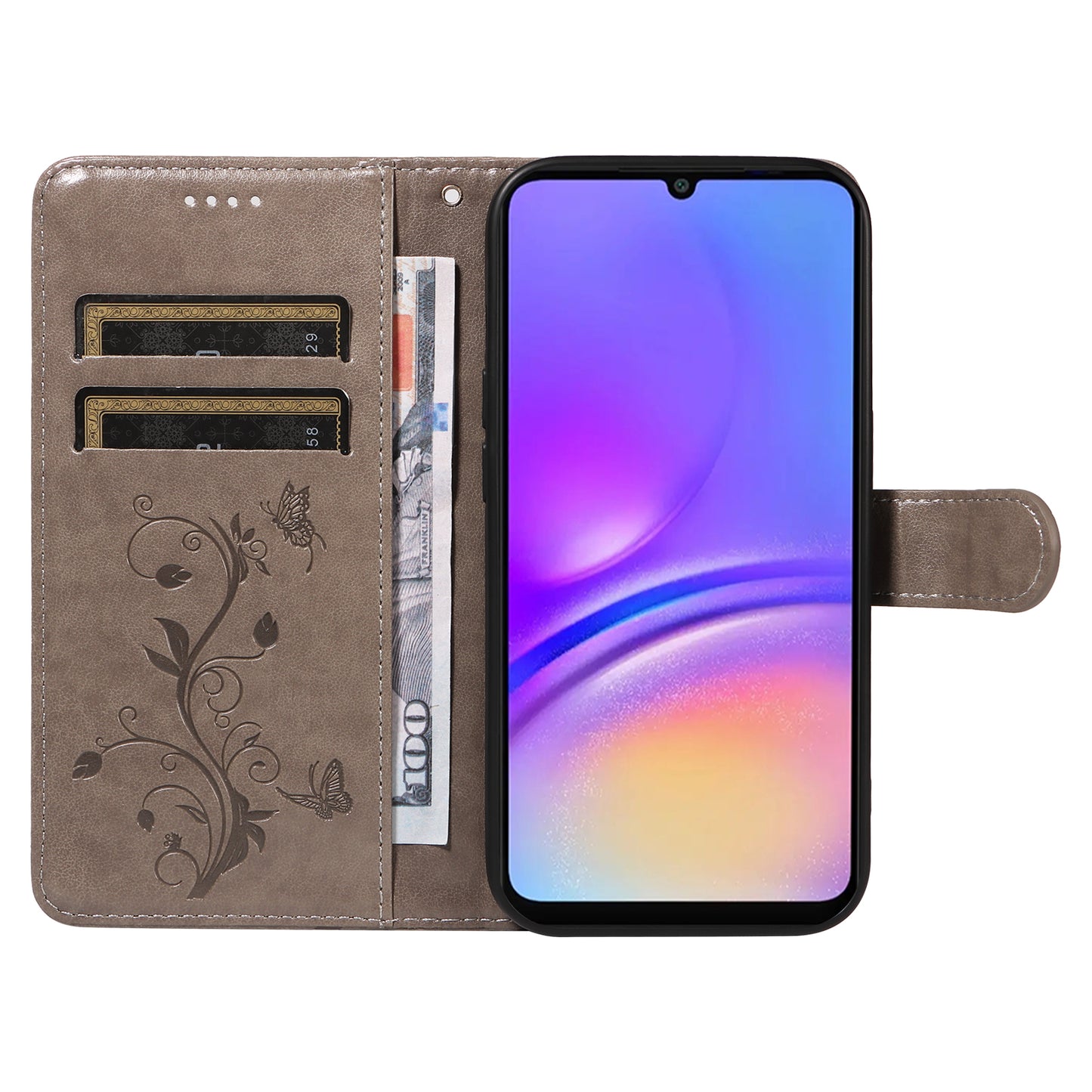For Samsung Galaxy A06 Case Flower Pattern PU Leather Wallet Phone Cover - Grey