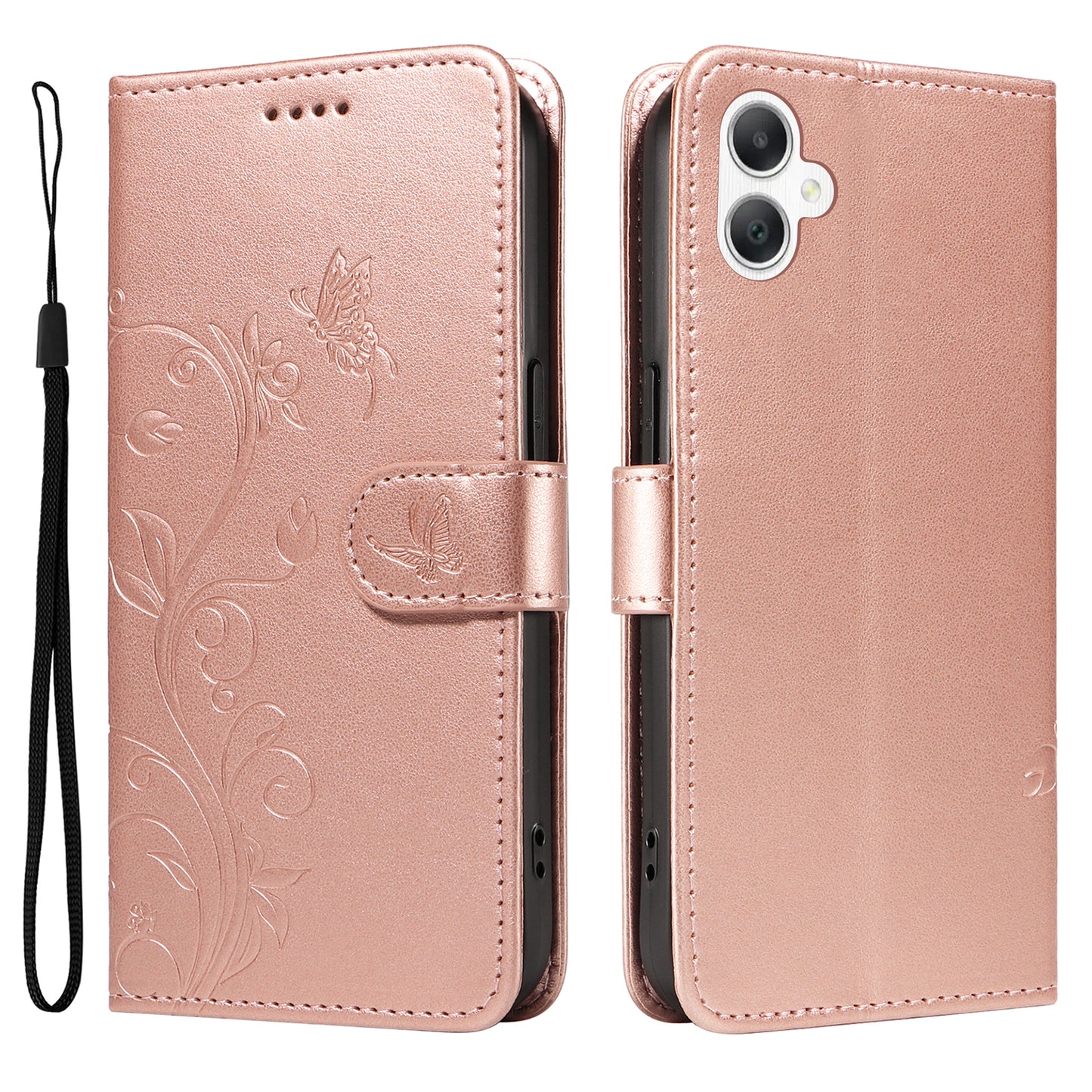 For Samsung Galaxy A06 Case Flower Pattern PU Leather Wallet Phone Cover - Rose Gold